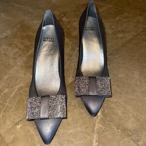 Stuart Weitzman Bocaccio Dark Grey Satin Pump with Bow on Pointed Toe
